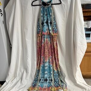 Bohemian Halter Maxi Dress in Teal and Pink